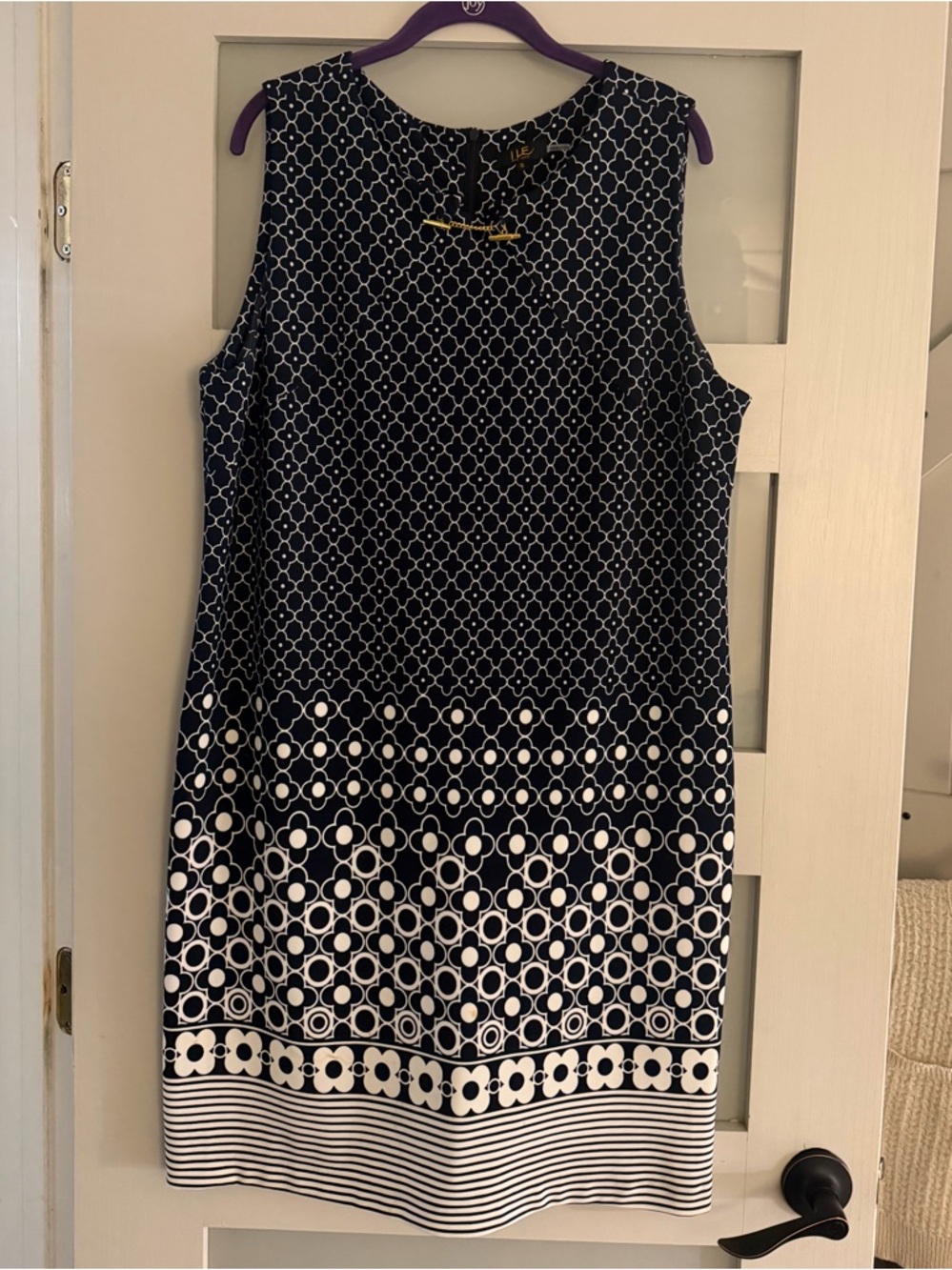 Sleeveless Navy and White Printed Midi Shift Dress